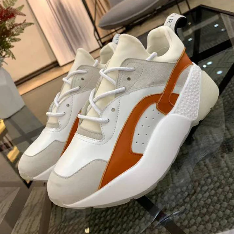 Buono Scarpe/женские кроссовки с радужной шнуровкой; фирменный дизайн; женская обувь на толстой подошве; спортивные кроссовки на танкетке из натуральной кожи - Цвет: mixed organge