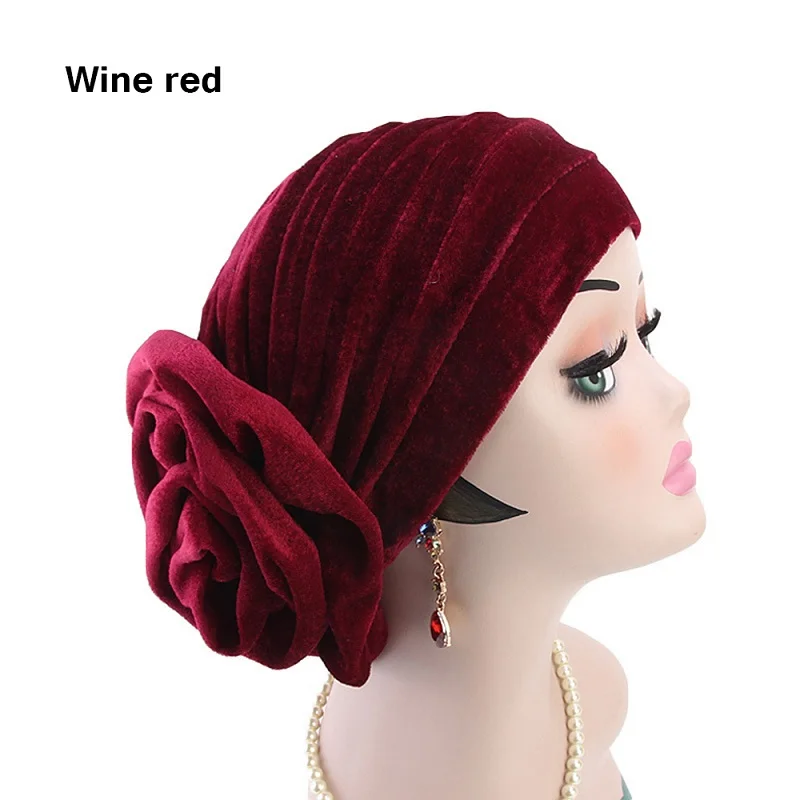 wine red Женский большой цветок бусины мусульманский хиджаб колпачок золото бархат Элегантный Индийский тюрбан шапка исламский Джерси химиотерапия шляпа дамы головной шарф крышка - Цвет: wine red