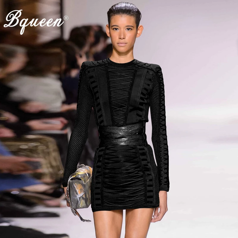 Bqueen 2019 женское сексуальное Бандажное однотонное черное платье с длинным рукавом