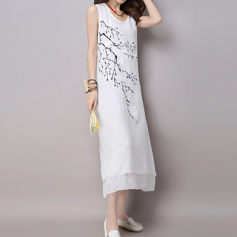 

Большие размеры, свободное повседневное пляжное платье без рукавов с чернильным принтом, винтажное платье, женское хлопковое льняное плать...