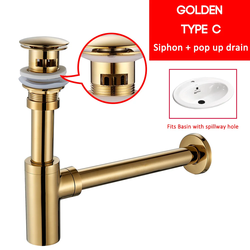 Gold C Quyanre ловушка для бутылок латунь круглый сифон черный хром золото P-TRAP ванная комната туалетный труба РАКОВИНЫ отходов - Цвет: Gold C