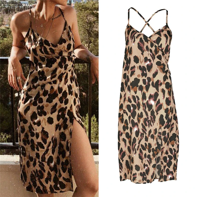 

New Fashion Women Sexy Leopard Bandage Dress Summer Strppy V Neck Ruched Split Dress Shien Vestidos Lady Chic Party Club Dresses