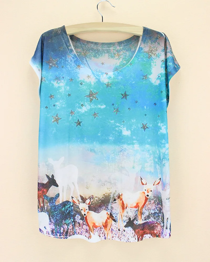 Женские майки с принтом звездного неба коротким рукавом и круглым воротником