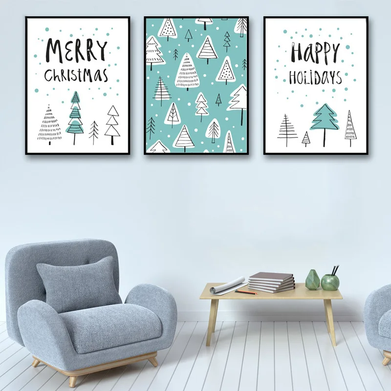 

Cartoon Christmas Tree Blue Home Decor Painting Nordic Simple Canvas Prints Poster Modern Space Art Wall Picture For Baby Room