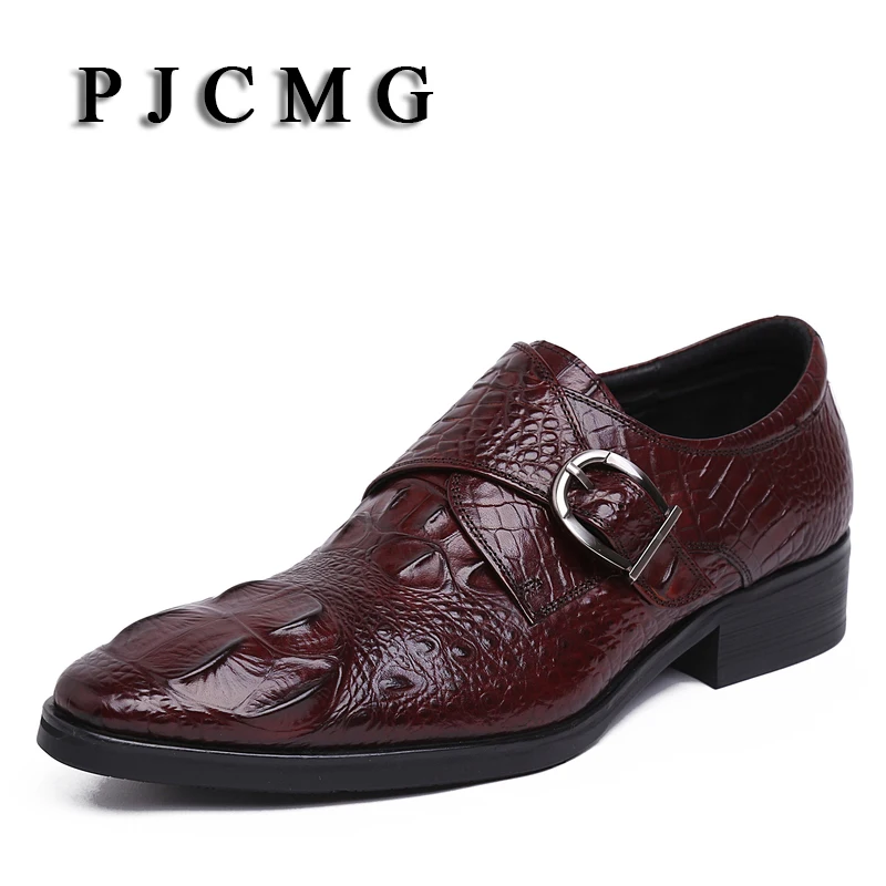 

PJCMG New Black/Red Men's Crocodile Pattern Genuine Embossed Leather Pointed Toe Slip-On Cowhide Casual Flat Oxford Men Shoes