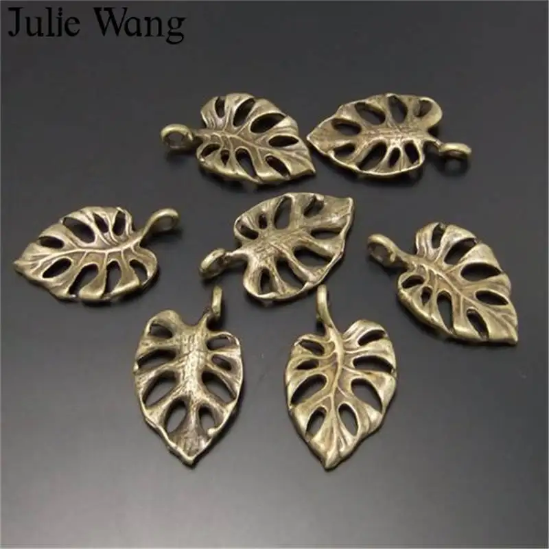 Julie Wang 10-50PCS Hollow Leaf Charms Alloy Antique Bronze Small leaves Necklace Pendant Bracelet Jewelry Making Accessory