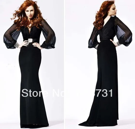 Wholesale - Custom Made 2013 Sexy V Neck Long Sleeves Black Beading Sheath Formal long Evening Dresses For Women 376 | Свадьбы и