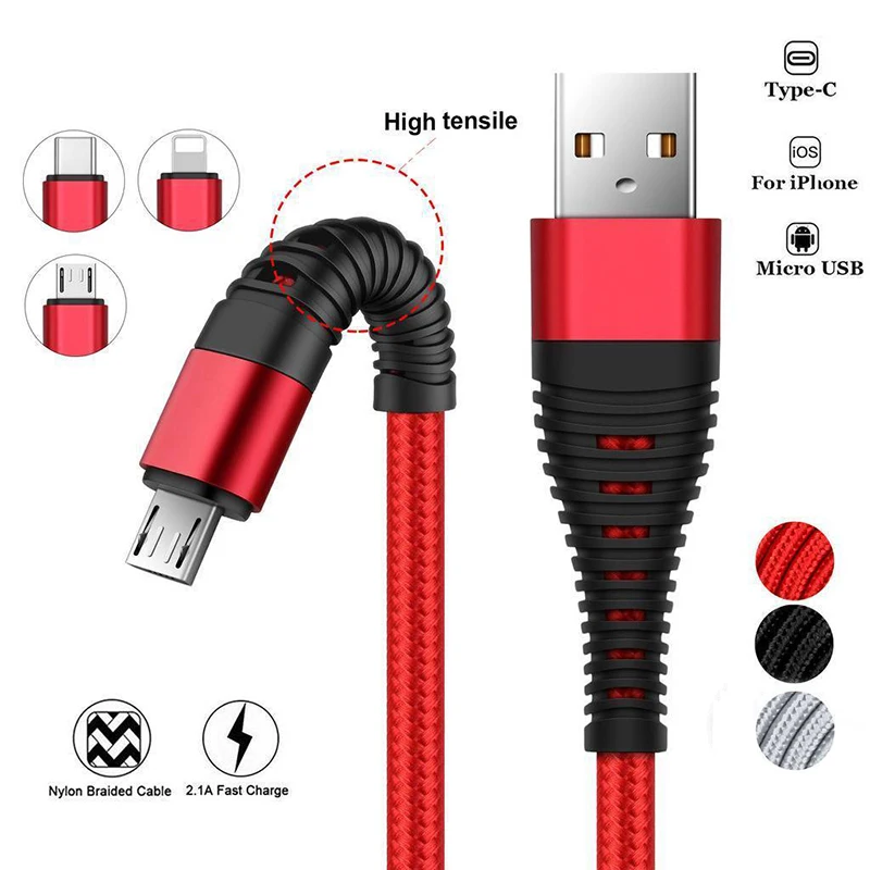 Высокопрочный USB кабель 1 м для iPhone Micro Тип C зарядный синхронизации данных и