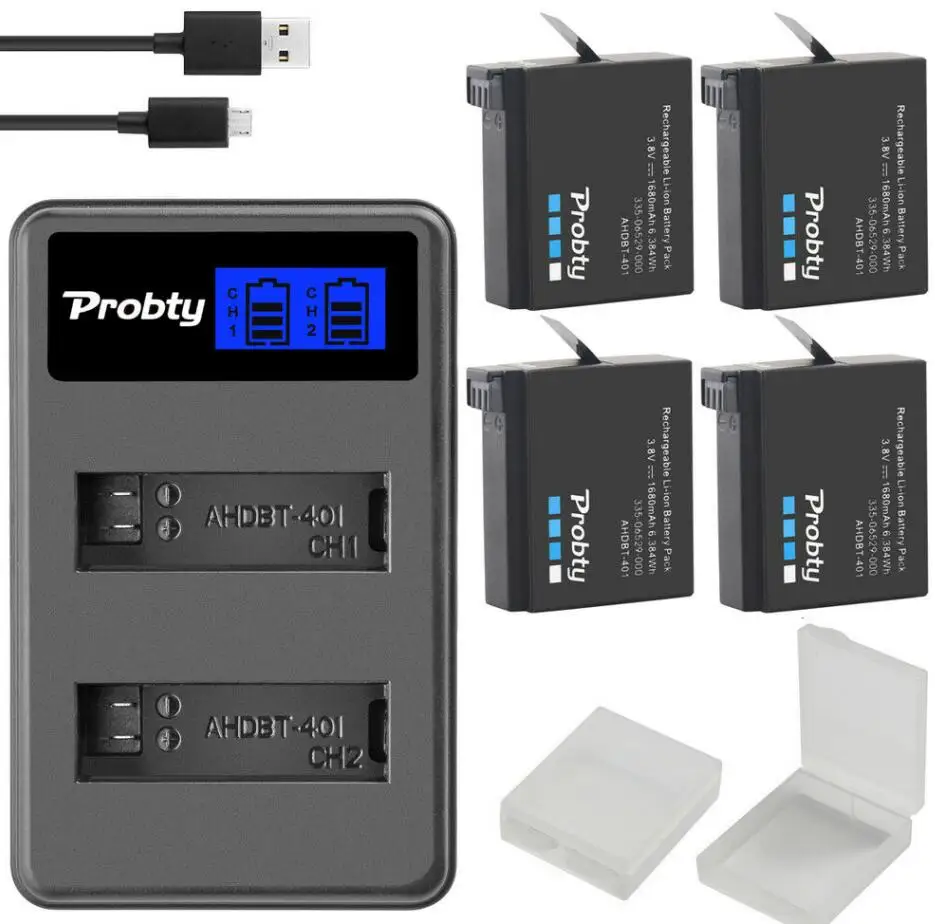 4battery withcharger Оригинальная батарея probty для GoPro Hero4 Hero 4+ ЖК-зарядное устройство для go pro AHDBT-401 HERO4, аксессуары для экшн-камеры черного и серебристого цвета - Цвет: 4battery withcharger