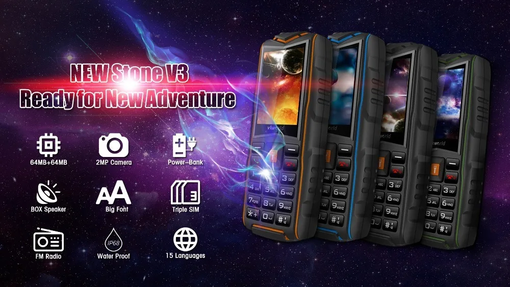 VKWorld камень V3 IP68 Водонепроницаемый 2,4 дюймов 3000 мАч мобильный телефон GSM FM Русская клавиатура 3 слота для sim-карт флэш-светильник мобильный телефон