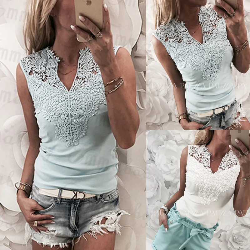 

New Summer Women Clothes Lace Hollow Slim Casual Blouses Lady Sleeveless V-neck Sexy Shirt Tops