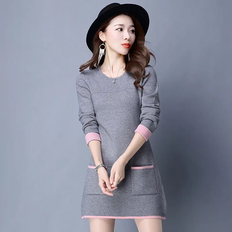 Женское трикотажное платье свитер с длинным рукавом и круглым вырезом|bodycon