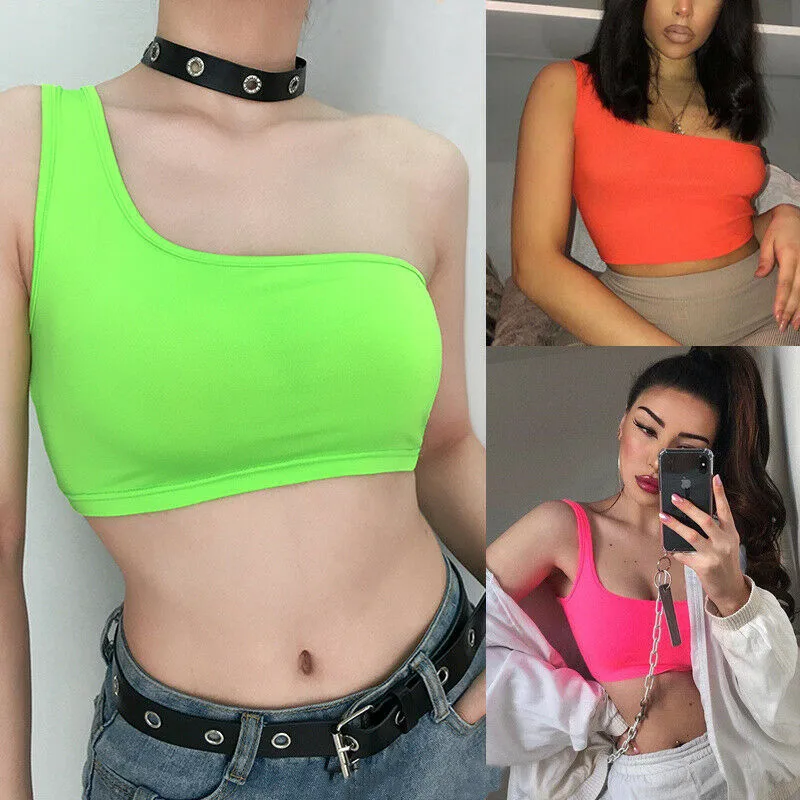 Womens Neon Crop Top Summer Sexy One Shoulder Tank Top Party Club Streetwear Fashion Camisole Ladies Vest Tee Clothes NEW