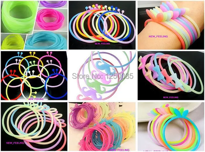 Оптовая продажа 100 шт./лот смешанный стиль ночные светящиеся огни эластичные силиконовые резиновые браслеты