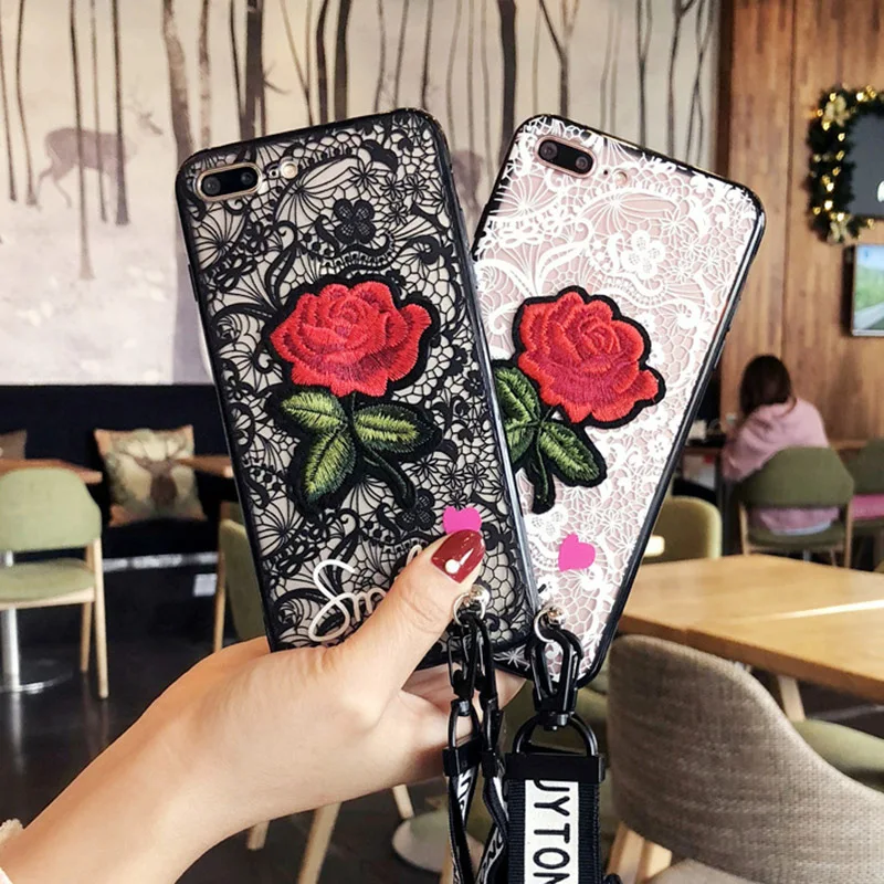Сексуальный чехол Tfshining с кружевной вышивкой в виде розы для iphone XR XS Max X мягкие
