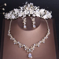 baroque vintage gold crystal leaf pearl costume jewelry sets rhinestone choker necklace earrings tiara crown wedding jewelry set