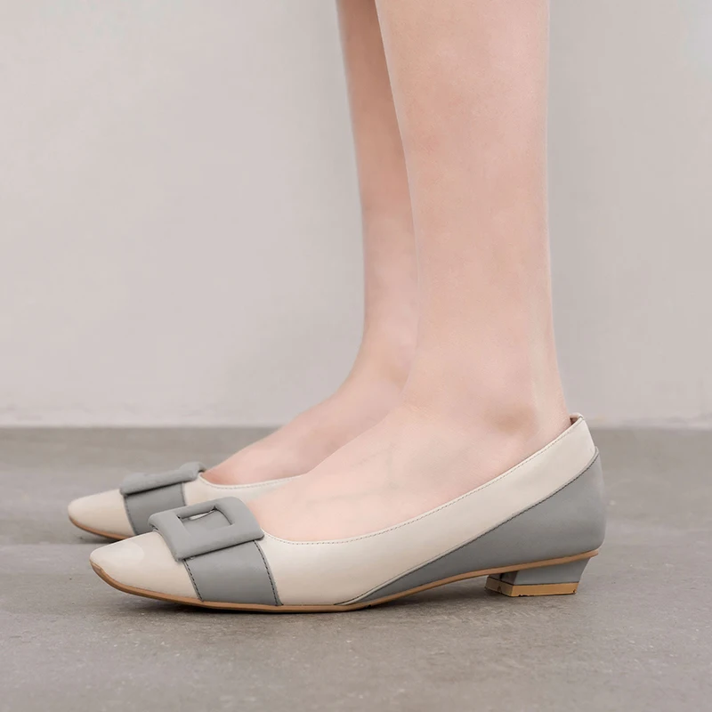 

ISNOM Cow Leather Flats Women Stitching Square Toe Footwear Buckle Fashion Casual Shoes Female Shallow Shoes Woman 2019 Spring