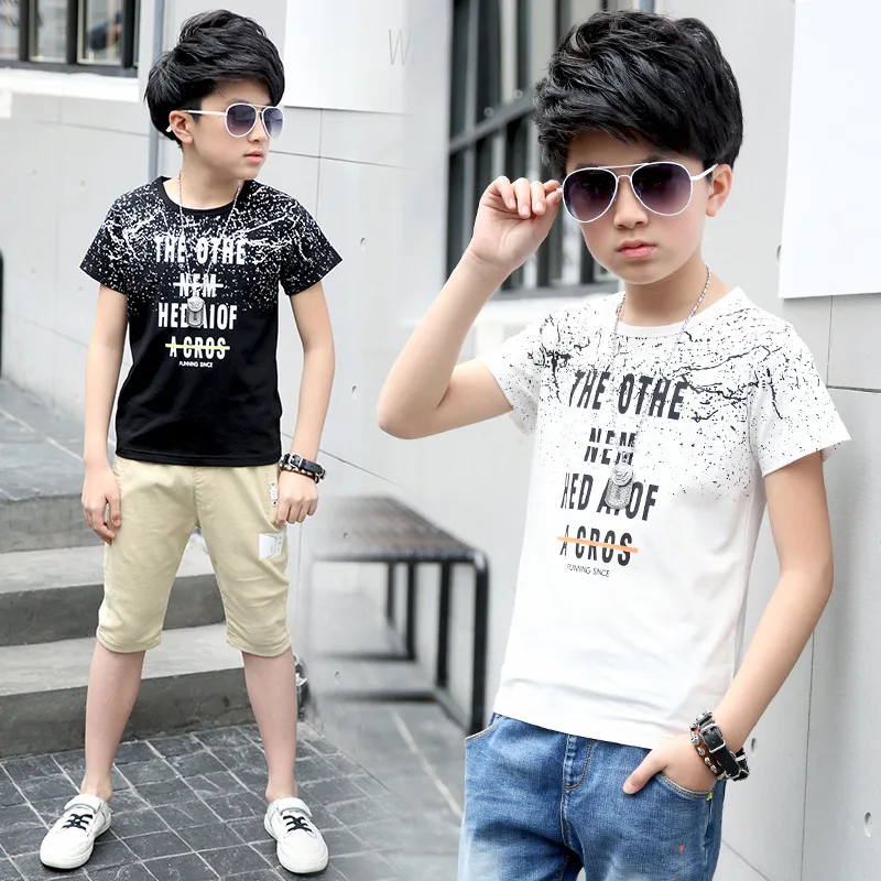 С круглым вырезом и принтом Футболки для мальчиков модные летние Рубашка с