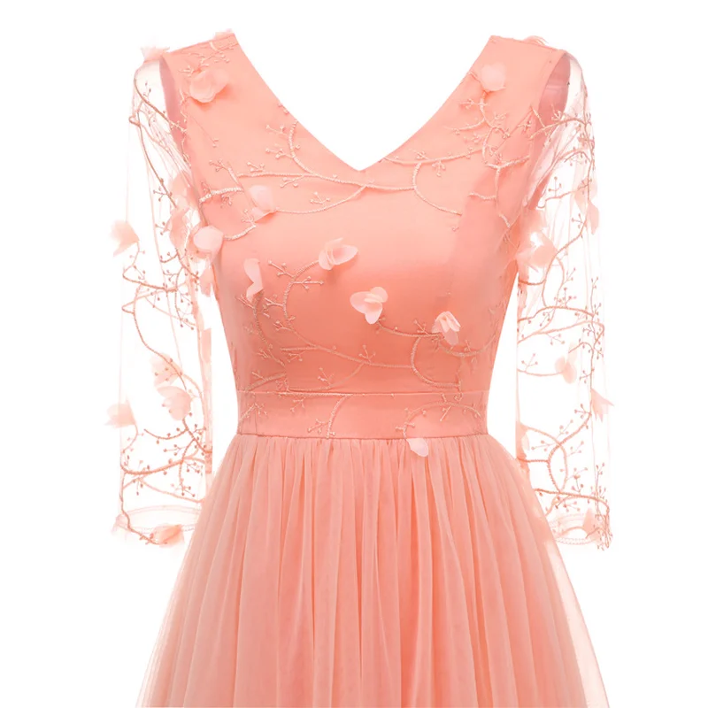 Осенние женские платья с сетчатой вышивкой цветочной v образным вырезом