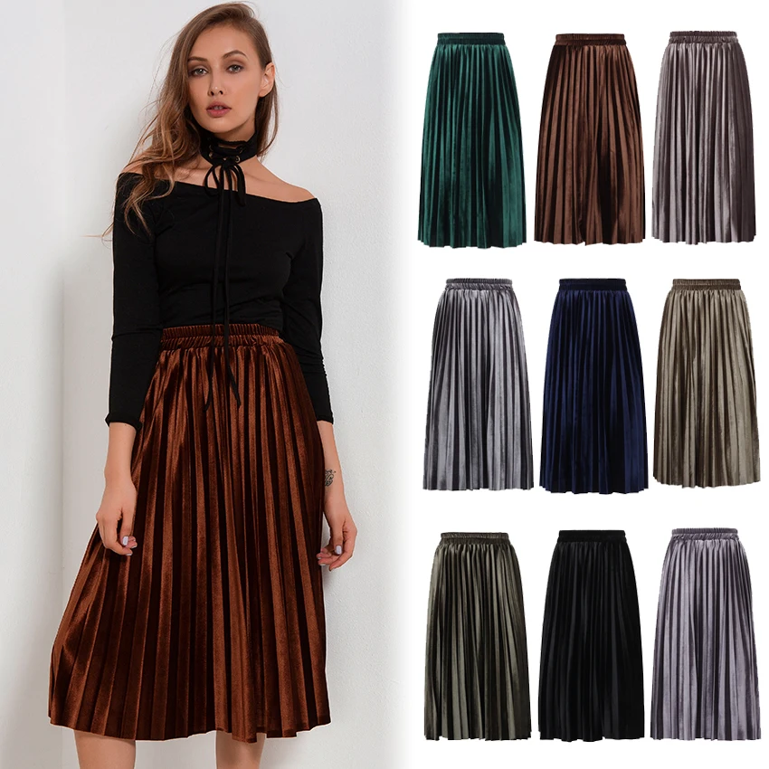 Бархат плиссе Юбки для женщин Для коллекция 2017 г. на осень зиму уличной моды юбка