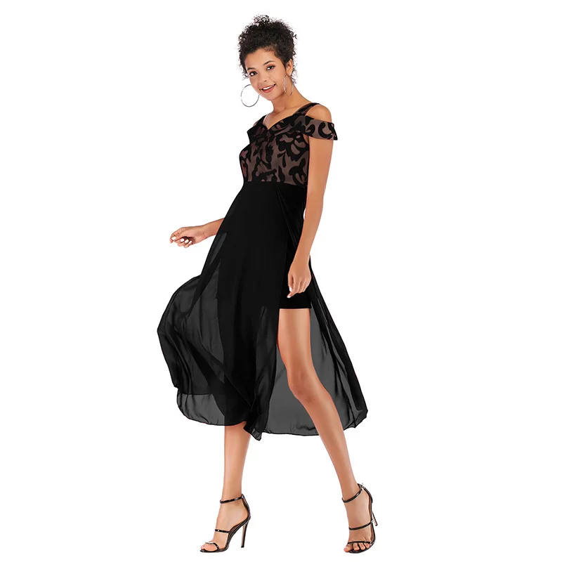 Женское летнее шифоновое платье с коротким рукавом вырезом лодочкой и открытыми