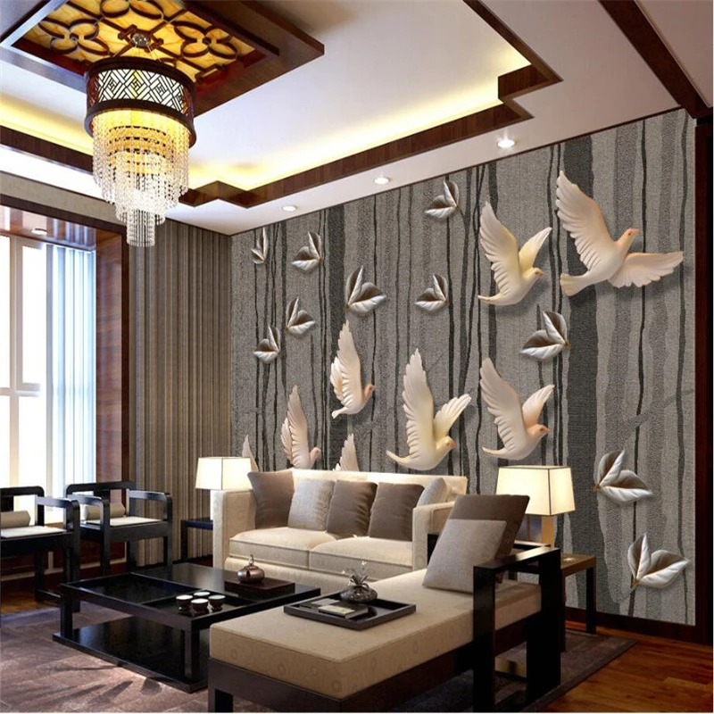 beibehang Custom Fresco Wallpaper 3d three-dimensional new Chinese brown forest birds relief background wall painting | Обустройство