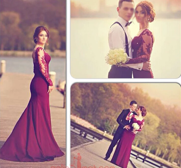 Mermaid Burgundy 2016 Prom Dresses with See Through Long Sleeves Sweetheart Lace Appliques Floor Length robe de bal photocall | Свадьбы и