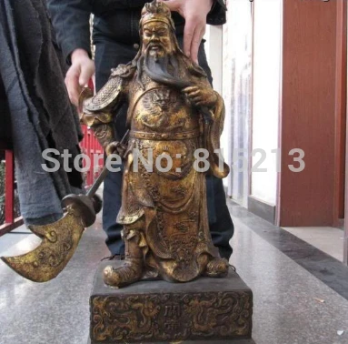 1027 31 ДЮЙМОВ Китай Народная Фейн Старый Бронзовый gild Дракон Гуань Гун воин