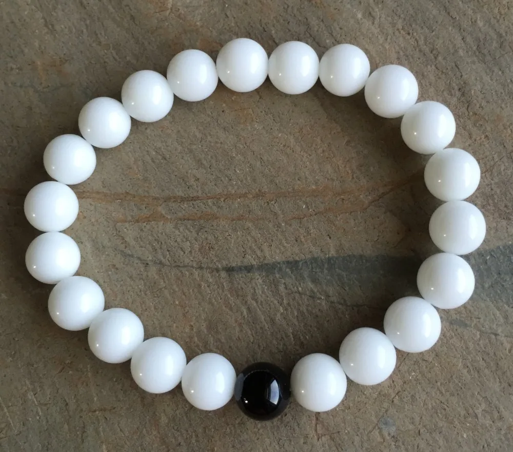 8mm Couples Bracelets Friendship &quotMissing Link&quot Black Onyx White AlabasterBracelet Natural Stone Beaded Elastic Bracelet Beads |