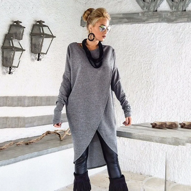 Autumn Fashion Women Long Sleeve Asymmetric Tops Casual O-neck Oversize Hem Irregular Loose Solid Knitted Pullover |