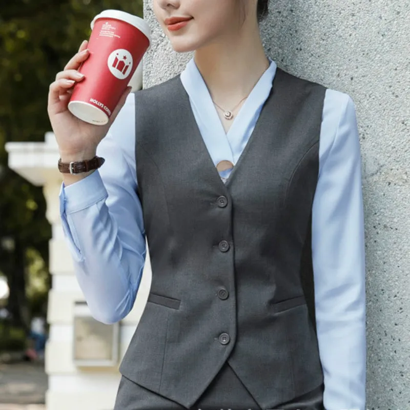 Gray Vest Костюм женский брючный костюм женский костюмы женские женский костюм Модный женский костюм Офисная Женская рабочая форма деловые строгие брюки костюмы черный блейзер брюки комплект повседневная куртка брюки плюс размер - Цвет: Gray Vest