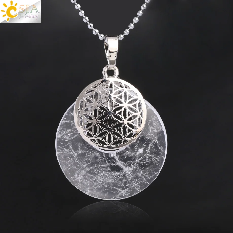 White Crystal CSJA натуральный камень кулон цветок жизни ожерелье рейки амулеты выдалбливают круг Подвески подходят для женщин мужчин Шарм ювелирные изделия G052 - Окраска металла: White Crystal