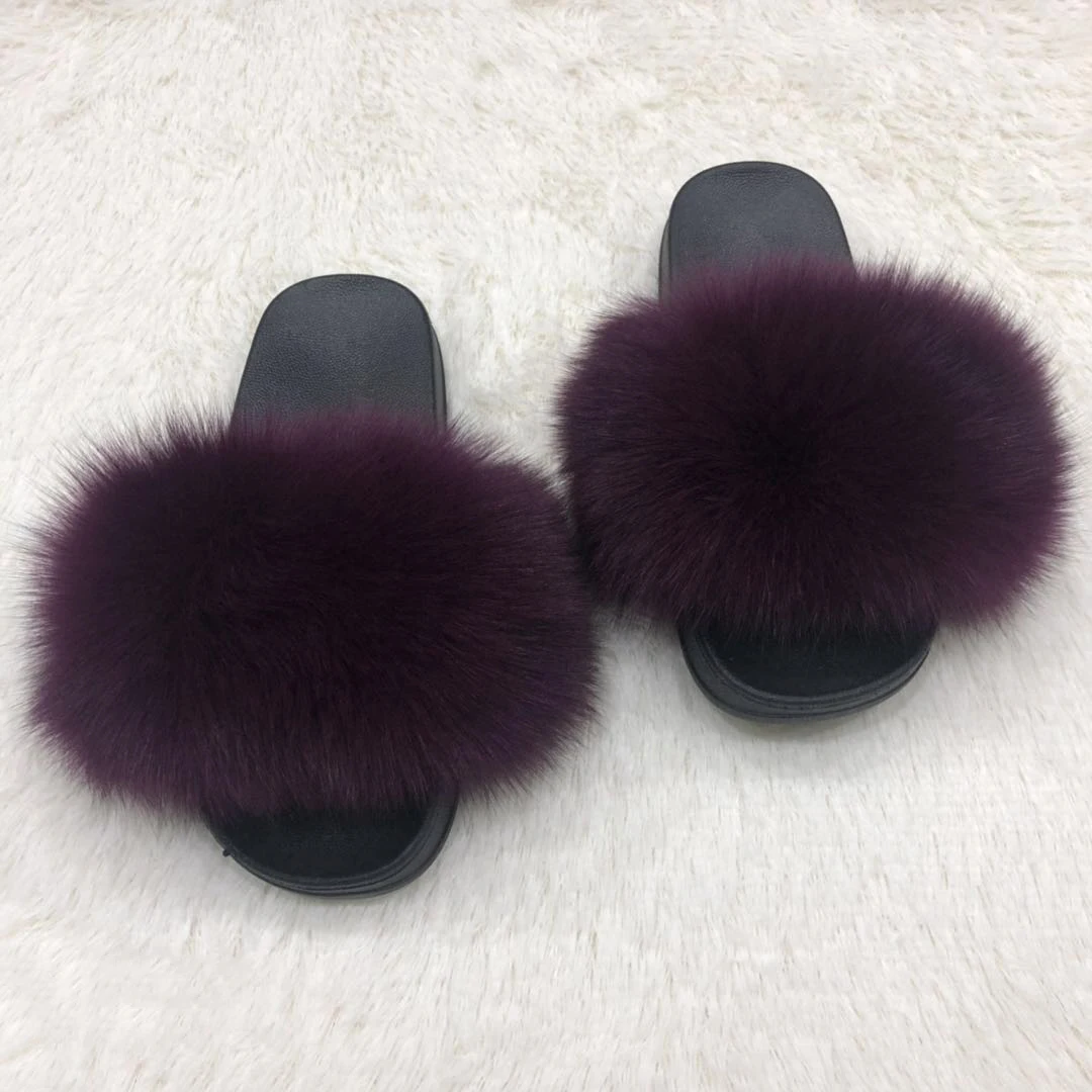 purple Instagram Online Cilibrity/Женская обувь; меховые шлепанцы; модные женские шлепанцы с натуральным лисьим мехом; летние сандалии с мехом енота для путешествий - Цвет: purple