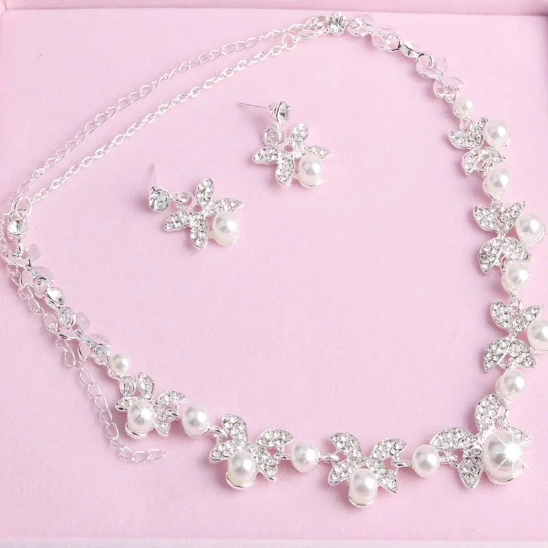 Women Lady Necklace Earrings Kit Crystal Pearl Beads Butterflies Party Wedding Bridal Jewelry Set Gift M8694 | Украшения и