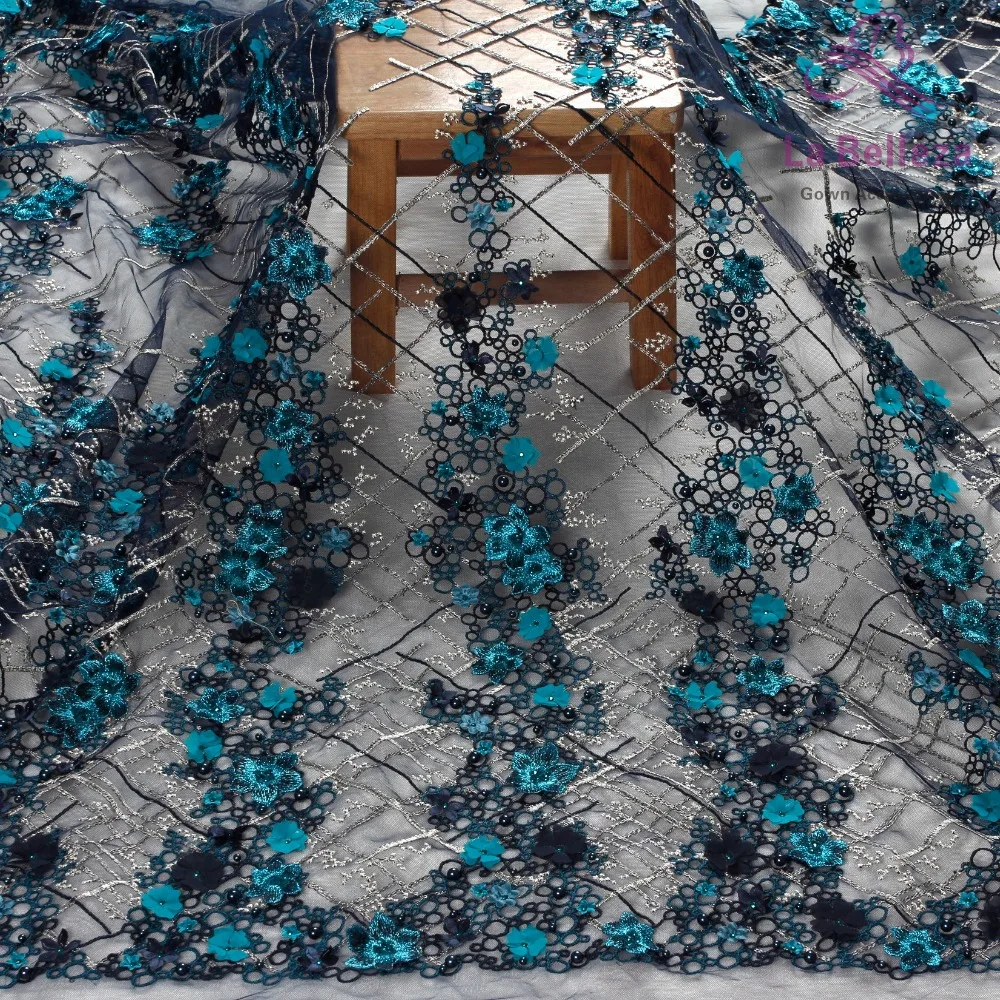

La Beauty 1 ярд темно-синее смешанные цвета металлик на сетке 3D цветок свадебное/вечернее платье кружевная ткань 51 ''ширина SN171206