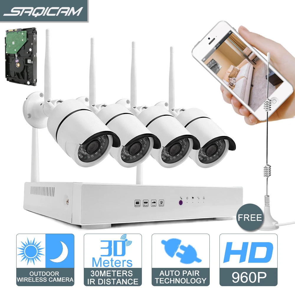 Saqicam беспроводной комплект видеонаблюдения 960P 1.3MP 4CH для домашнего наблюдения ip