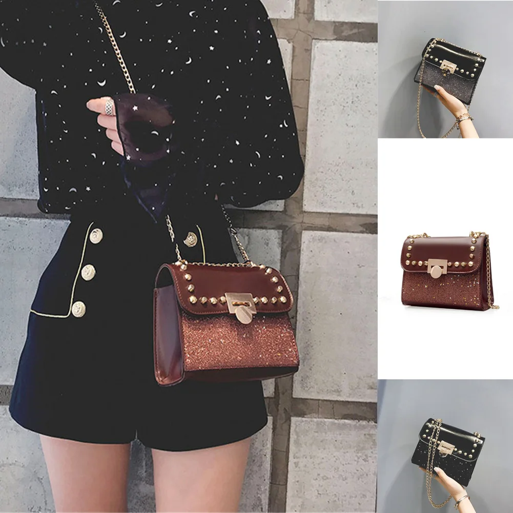 Шикарный Для женщин плечо Cross-body цепи мешок моды заклепки сумка блестка клапаном