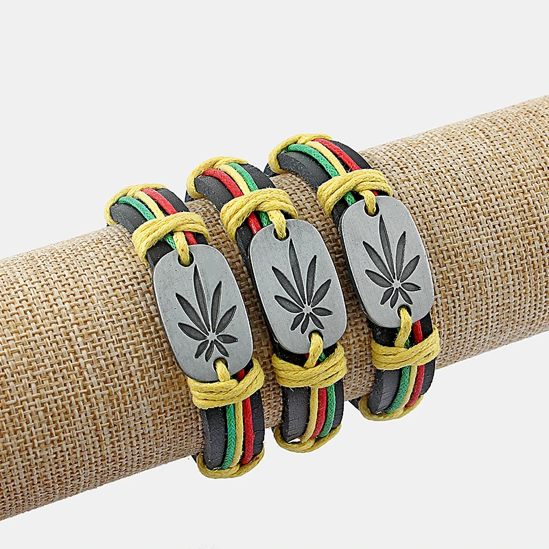 5 шт. Rasta воск шнур горшок лист травы очарование черный кожаный браслет для