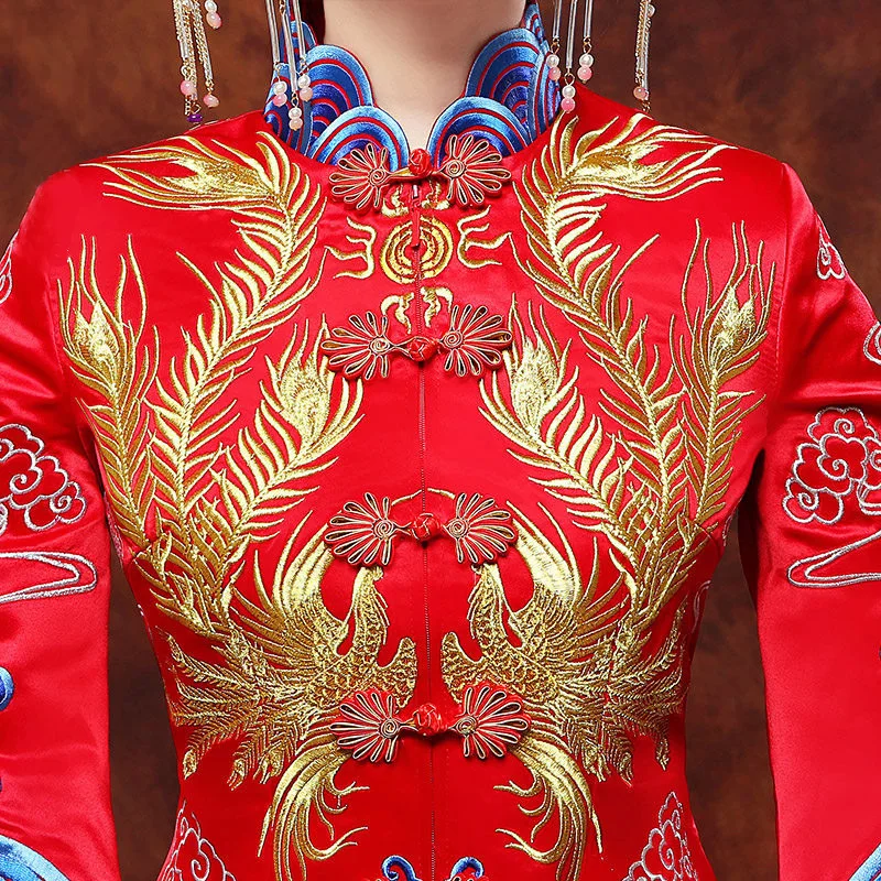 Китайский стиль невесты вышивка cheongsam Свадебная церемония платья костюм