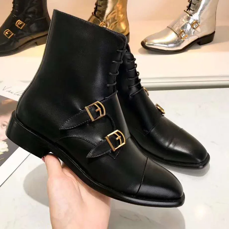 Модные женские ботильоны в стиле ретро панк с квадратным носком и двойной