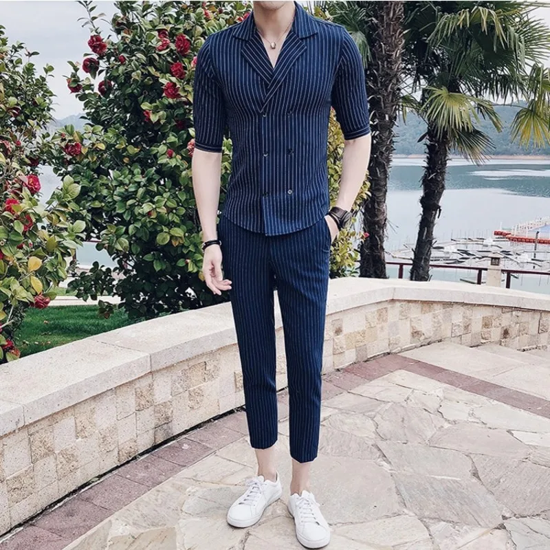 

2019 Double Breasted Mariage Suit Summer Costume Wedding Homme Black White Grey Blue Striped Slim Fit Suit Set Trajes De Hombre