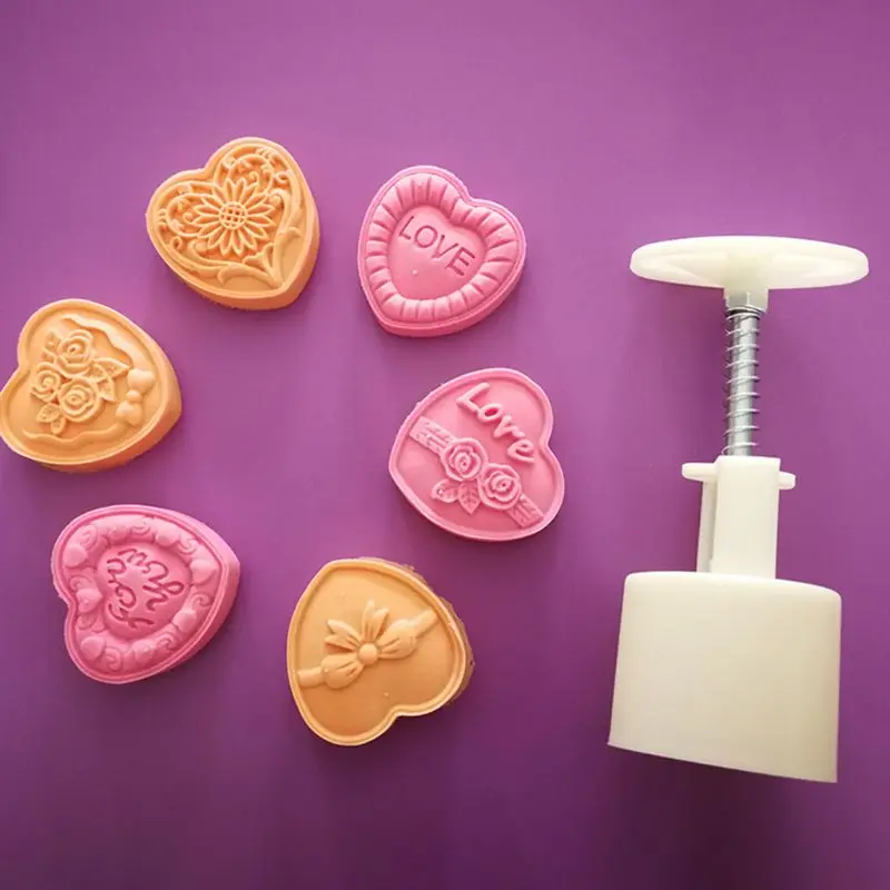 6pcs 3D Heart Stamps Moon Cake Decor Mould Barrel Mooncake Mold 50g Pastry Mooncakes Hand DIY Tool