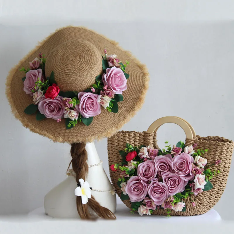 

Original low-key retro light purple rose flower straw hat travel photo photo photo photography sun protection cap