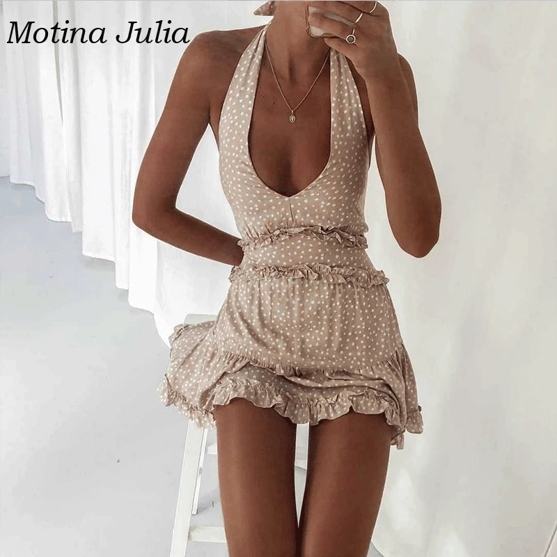 Motina Julia 2019 летнее платье в горошек с принтом женское глубоким v образным вырезом