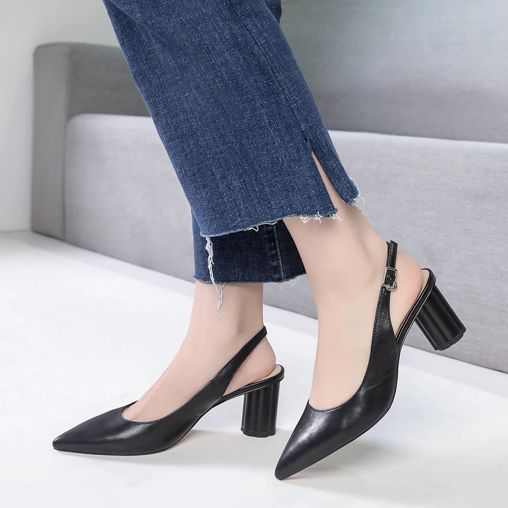 

Meotina Women Pumps High Heels Natural Sheepskin Thick High Heels Shoes Buckle Genuine Leather Pointed Toe Shoes Big Size 33-41