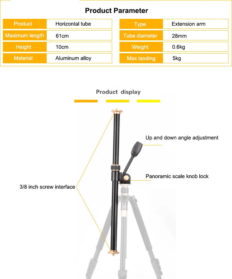 Horizontal Tripod Mount Extension Arm Rotatable Center Column Tripod Accessory for Support Camera Overhead Product Photography