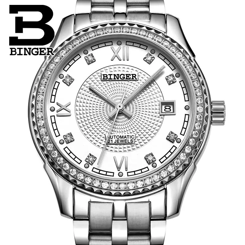

Switzerland men's watch luxury brand Wristwatches BINGER diamond Mechanical Wristwatches full stainless steel Waterproof B1112B