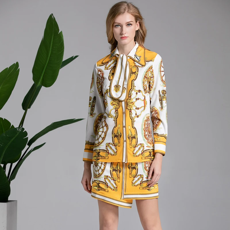 Женский комплект из 2 предметов с принтом рубашка отложным воротником и бантом +