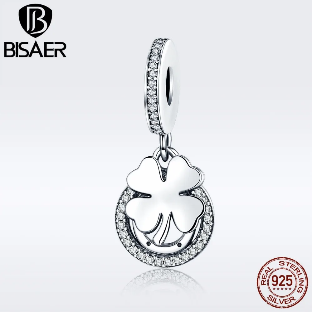 BISAER 925 пробы Серебряный счастливый цветок клевера CZ подвеска талисманы подходит браслет Дружба бусины с клевером для изготовления ювелирных изделий EDC117