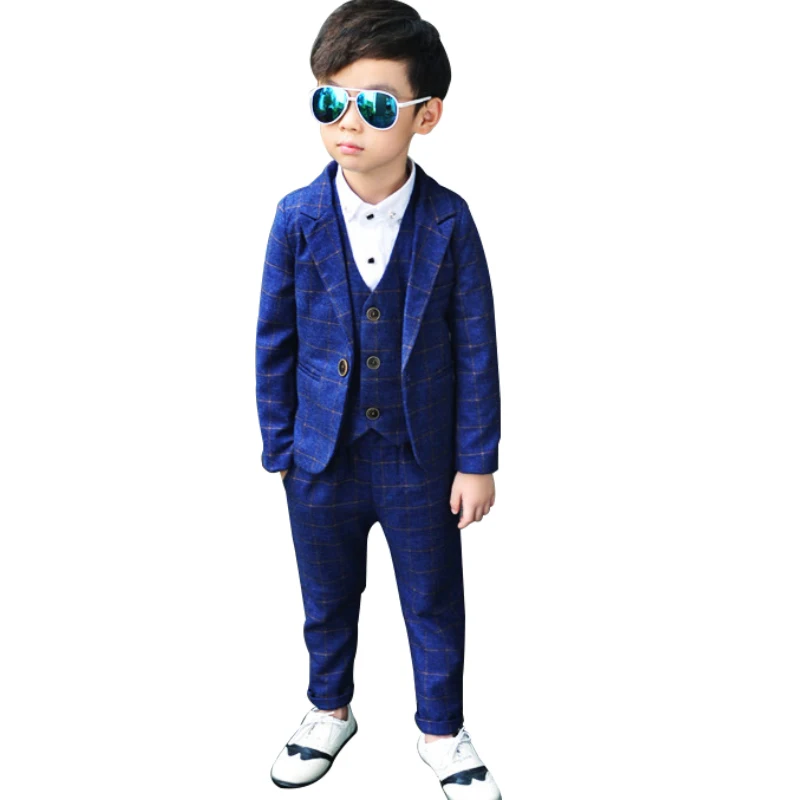 

Детские костюмы для мальчиков, официальные клетчатые костюмы из 3 предметов (Блейзер + жилет + брюки) для мальчиков, свадебные костюмы для мал...